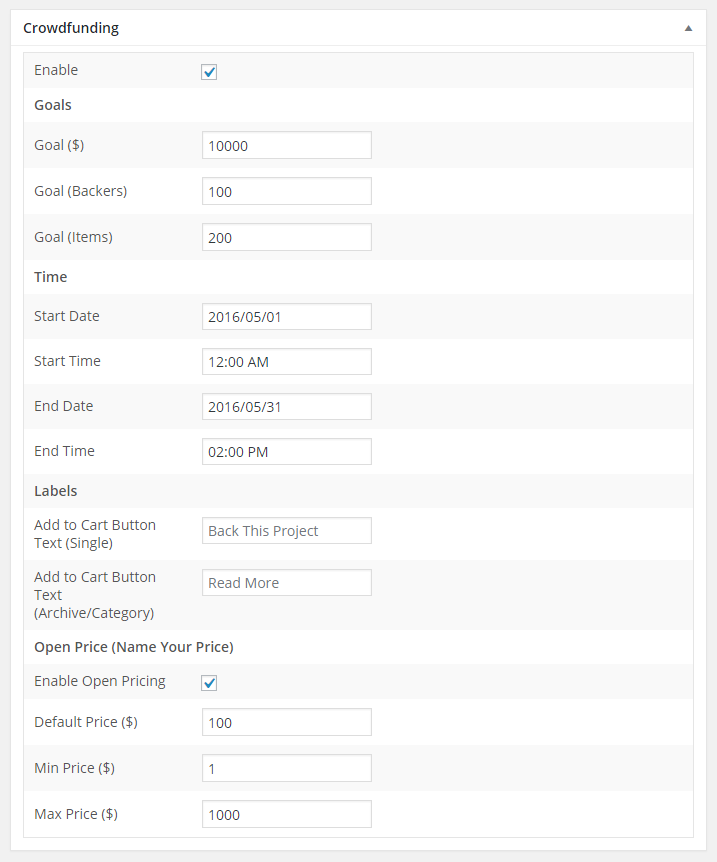 Crowdfunding for WooCommerce - Admin - Edit Product