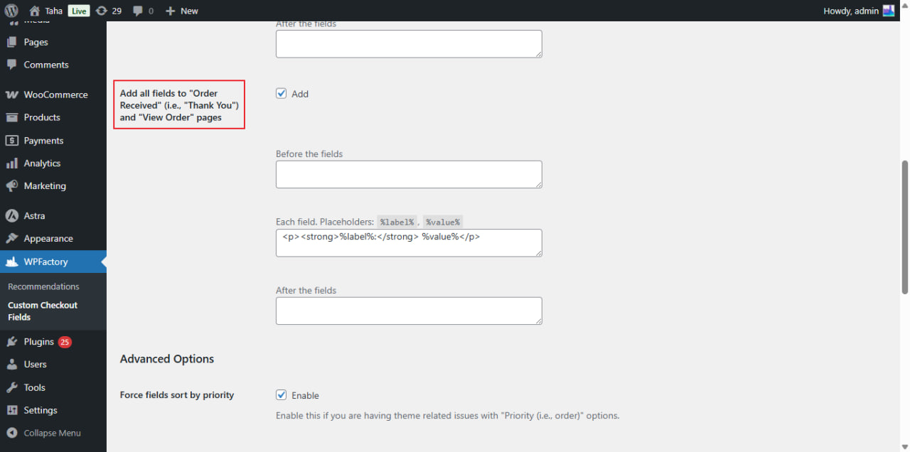 Add all fields to Order Received