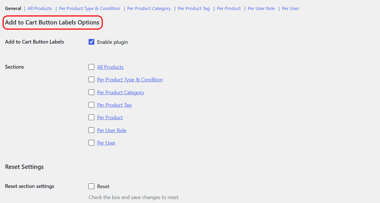 Add to Cart Button Labels settings tab in WooCommerce