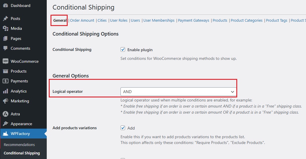 Adjust Settings for woocommerce conditional shipping and payments plugin