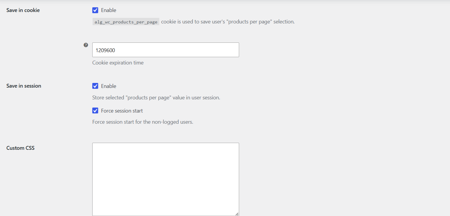 Products per Page cookie and session options