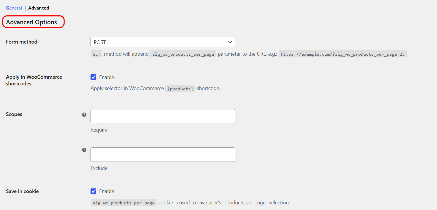 Products per Page Scopes require and exclude options