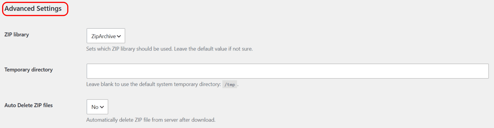 Advanced Settings section of Download Plugins and Themes