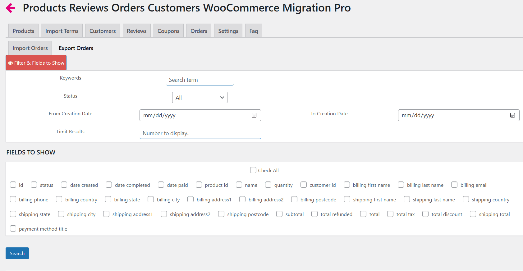 Orders export options