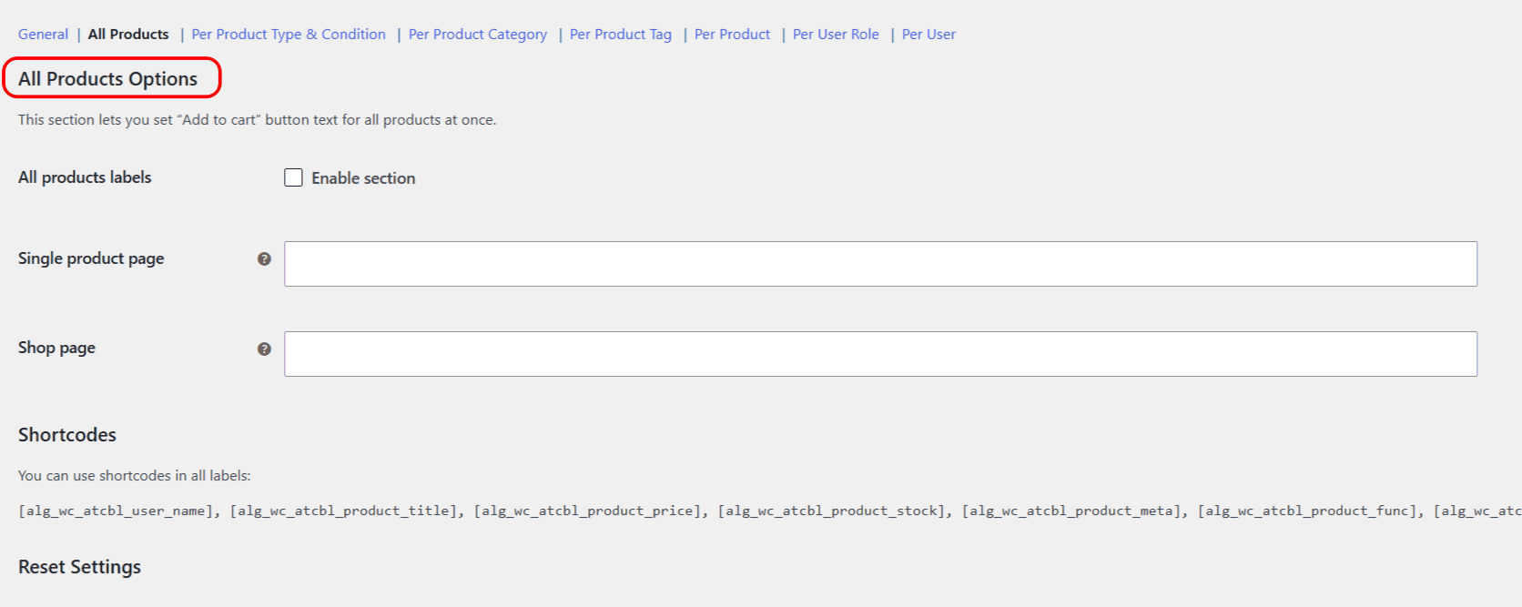All Products section of the Add to Cart Button Labels settings