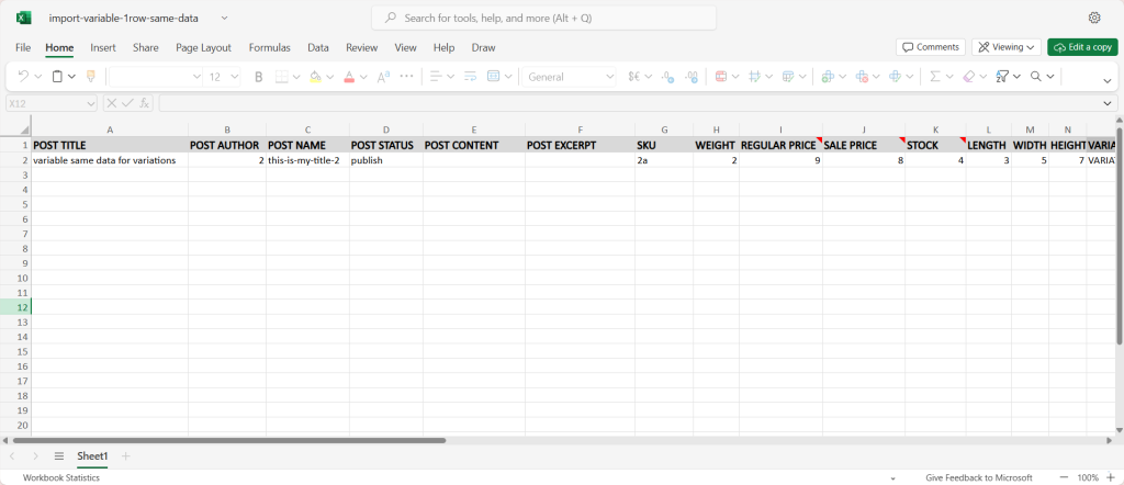 All in one. Variable Products from 1 excel row