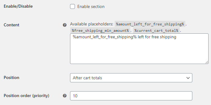 Amount Left for Free Shipping for WooCommerce - Cart Options