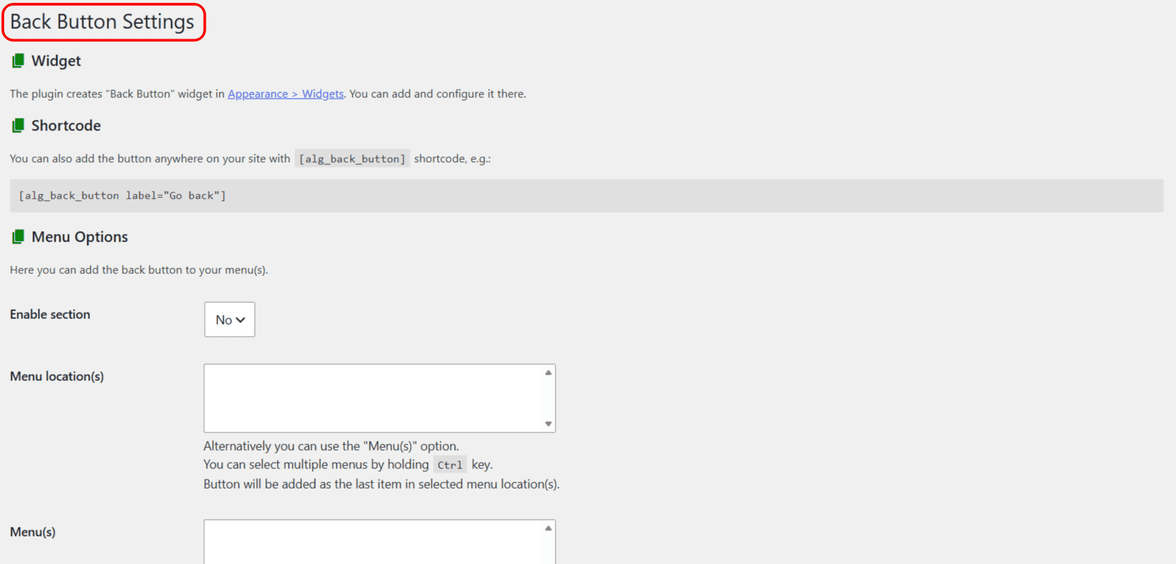 Back Button Settings page under the WPFactory menu