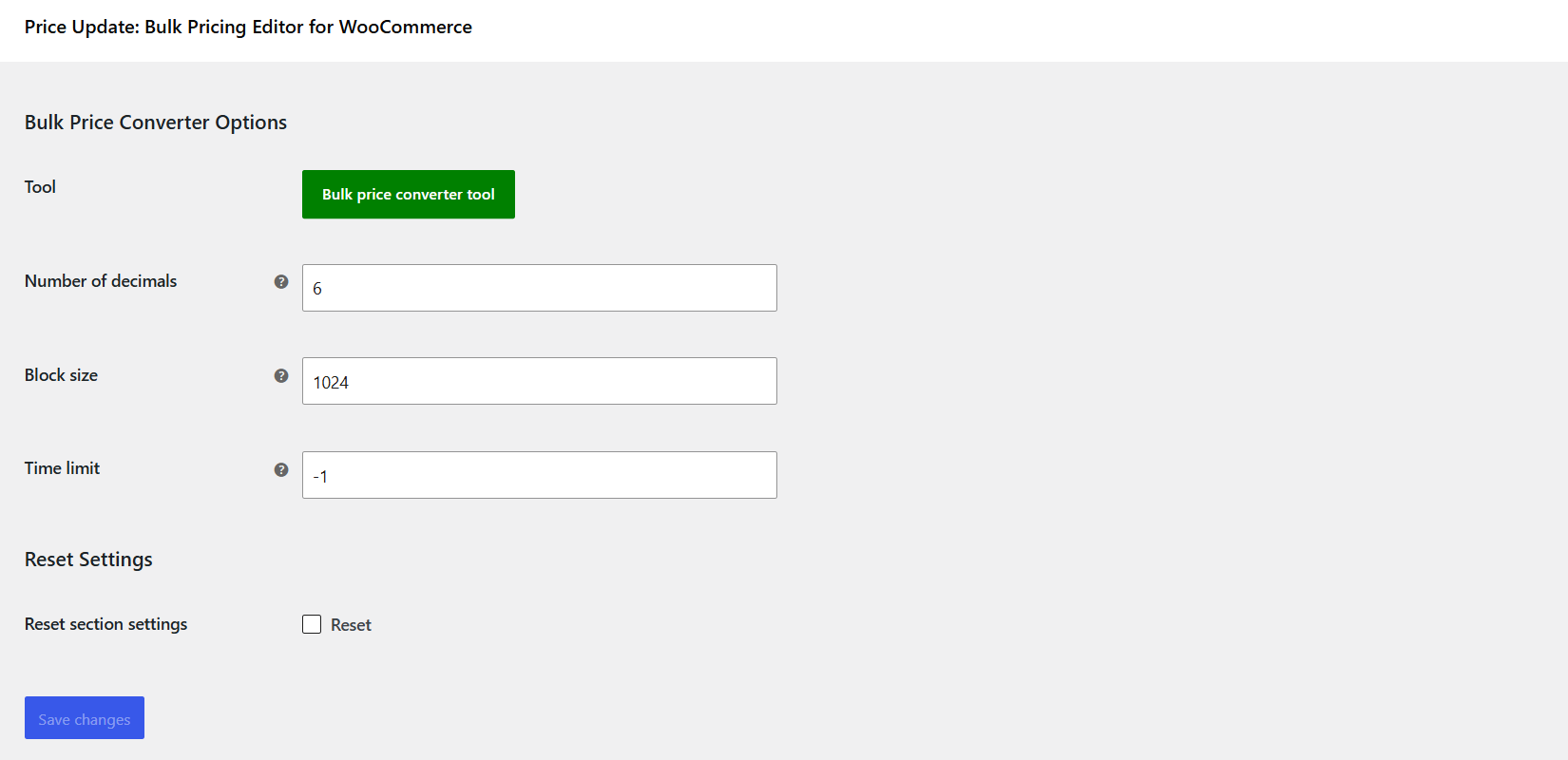Bulk Price Editor settings page: Number of decimals, Block size, Time limit, Reset section settings