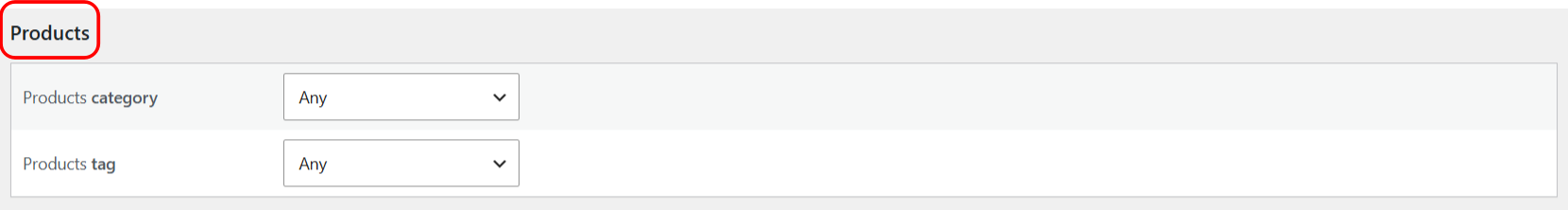 Products section with category and tag filters
