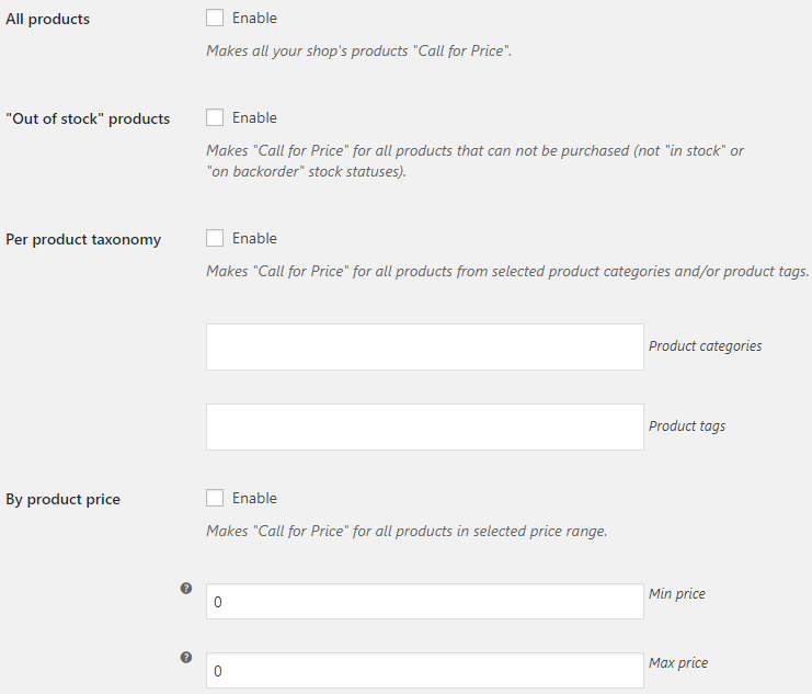 Call for Price for WooCommerce - Admin Settings - Force Products Options