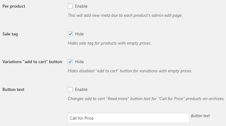 Call for Price for WooCommerce - Admin Settings - General Options