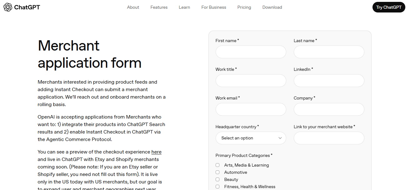 ChatGPT Instant Checkout WooCommerce application form