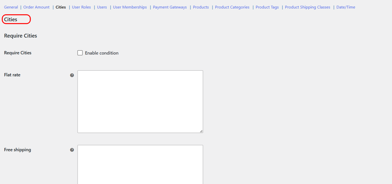 Require Cities condition settings in Conditional Shipping for WooCommerce