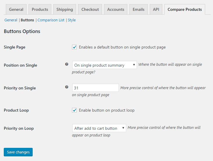 Compare products for WooCommerce - Admin - Buttons options