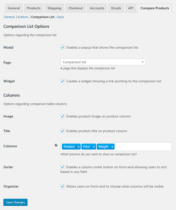Compare products for WooCommerce - Admin - Comparison list options