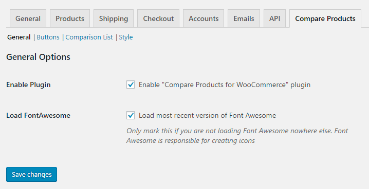Compare products for WooCommerce - Admin - General options