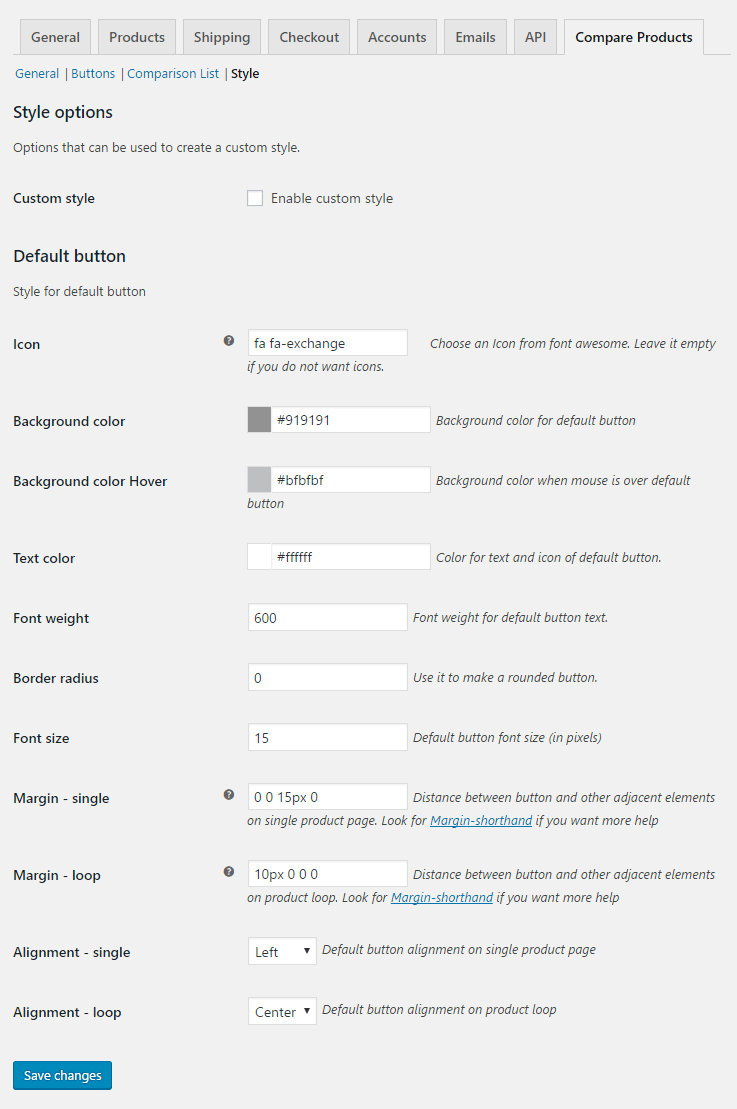 Compare products for WooCommerce - Admin - Style options