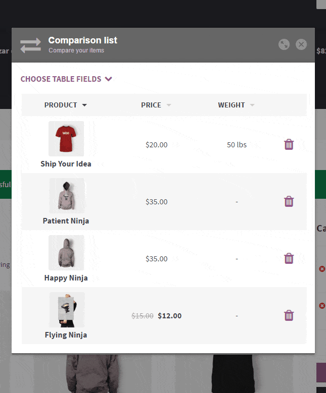 Compare Products for WooCommerce - Frontend Modal Sort and Choose columns