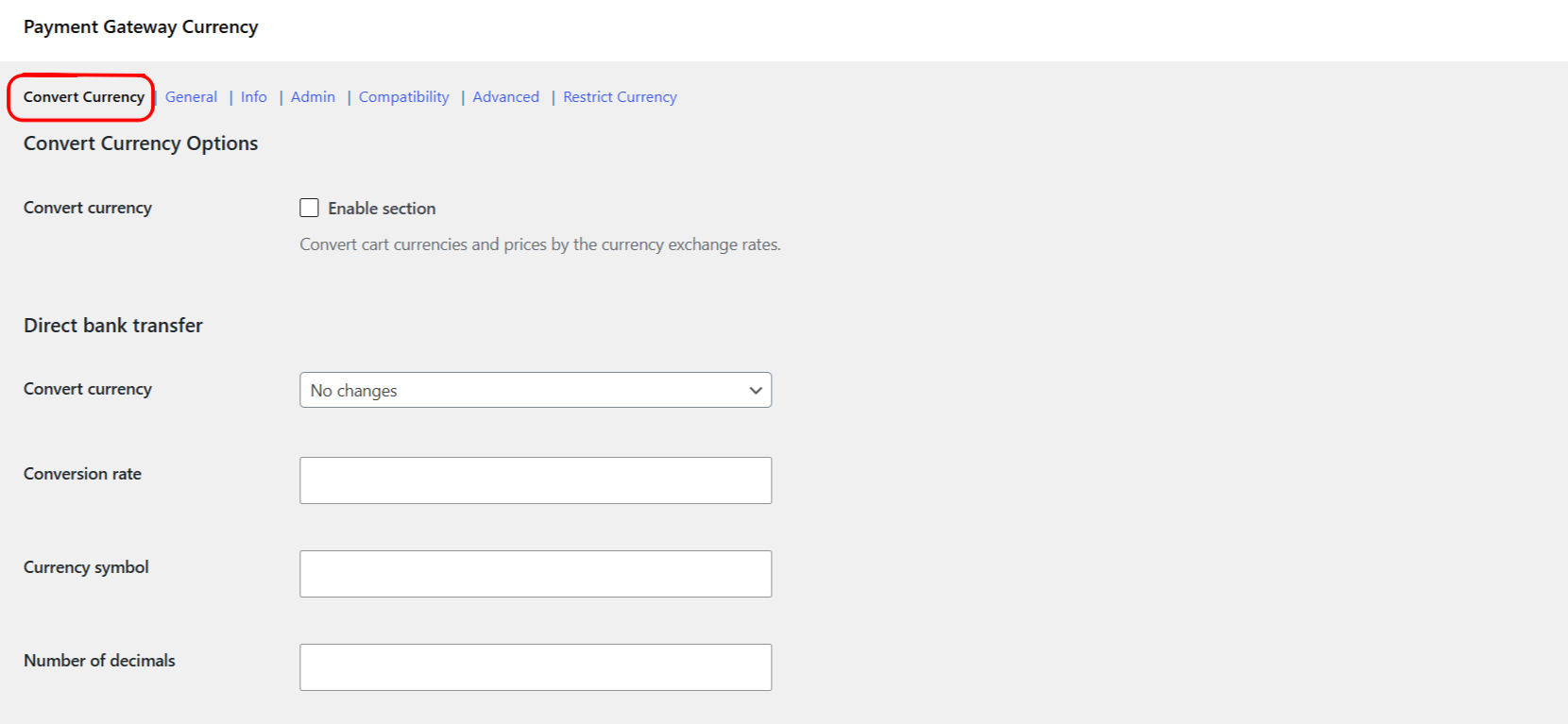 Convert Currency options with per-gateway currency, conversion rate, symbol, and decimals fields