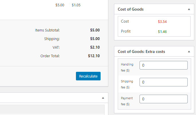 Cost of Goods for WooCommerce - Extra Costs Per Order - Order edit