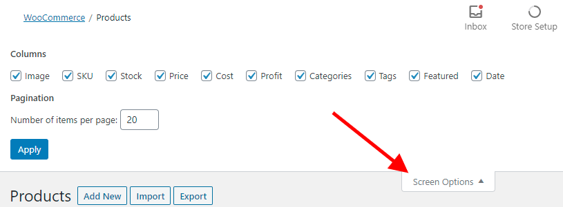Cost of Goods for WooCommerce - Products - Admin Columns - Screen Options