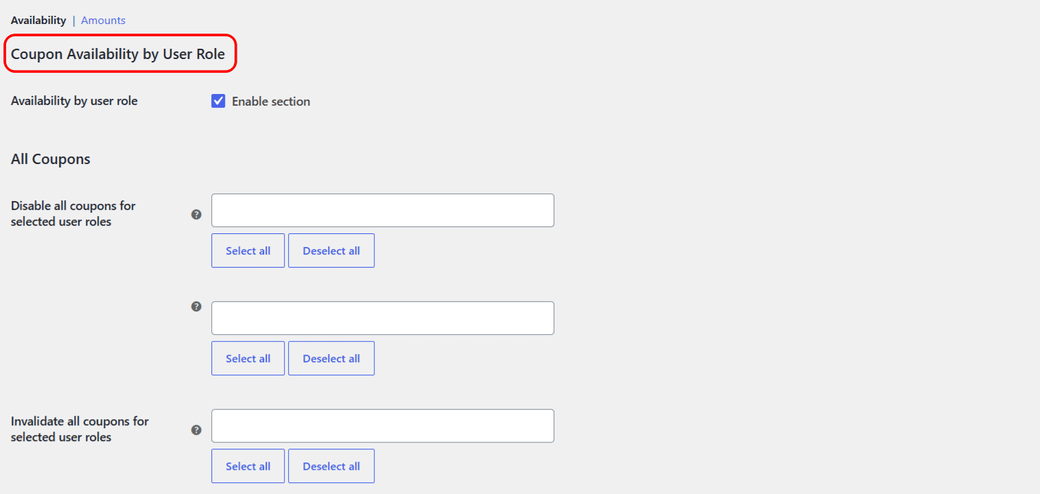 Coupon by User Role Availability settings section in WooCommerce