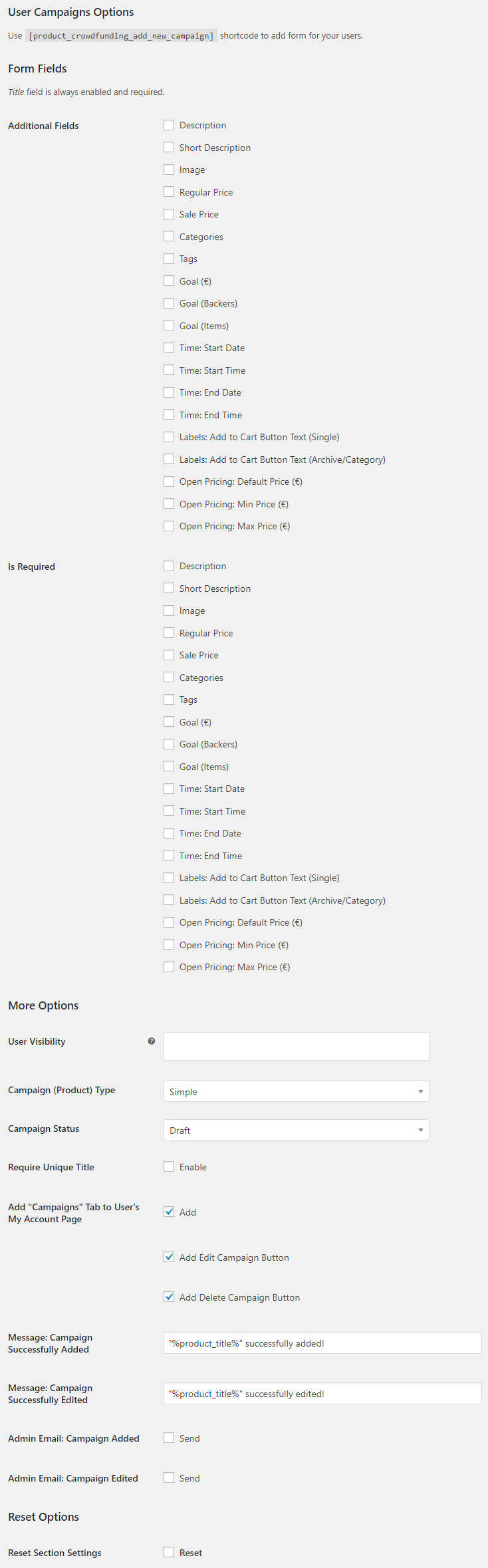 Crowdfunding for WooCommerce - User Campaigns Options