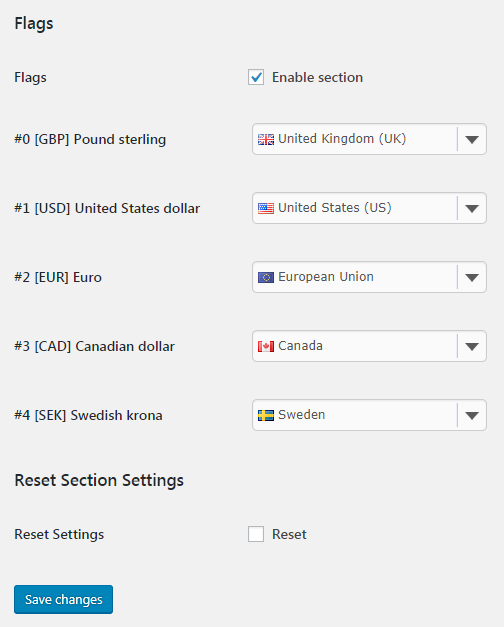 Currency Switcher for WooCommerce - Admin Settings - Flags