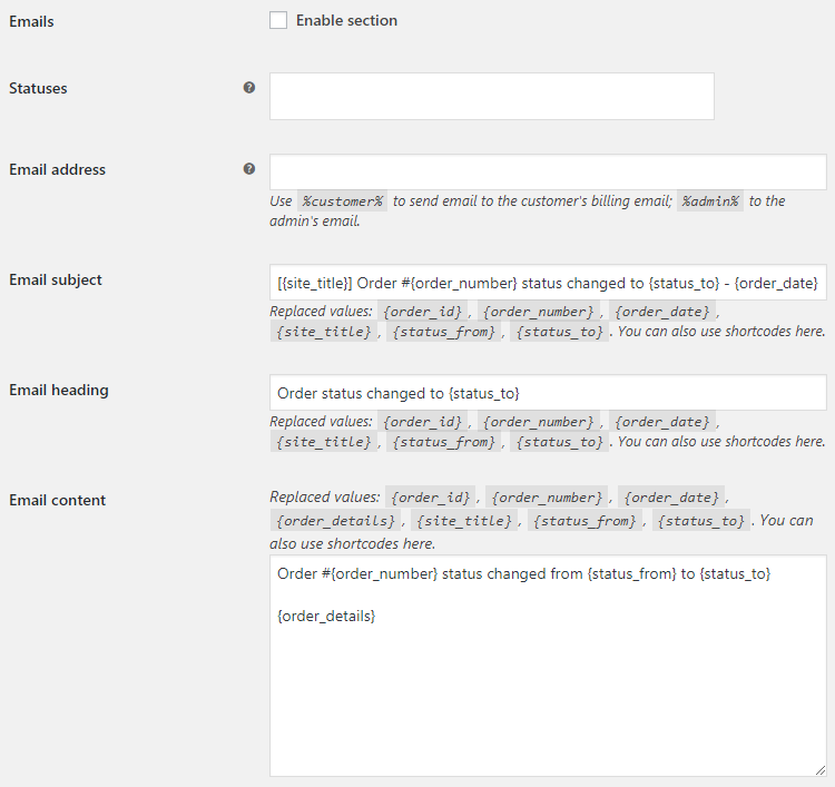 Custom Order Status for WooCommerce - Email Options