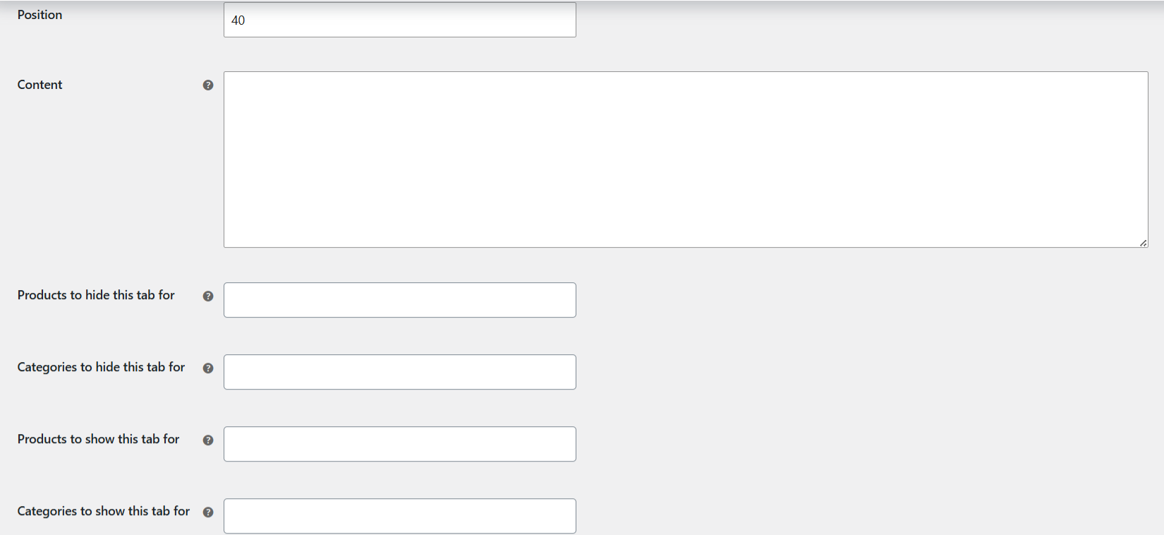 Show and hide fields for a global product tab