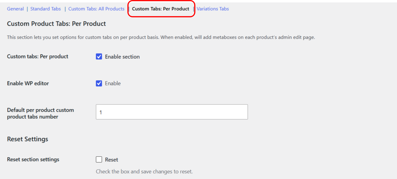 Custom Product Tabs meta box on the product edit screen