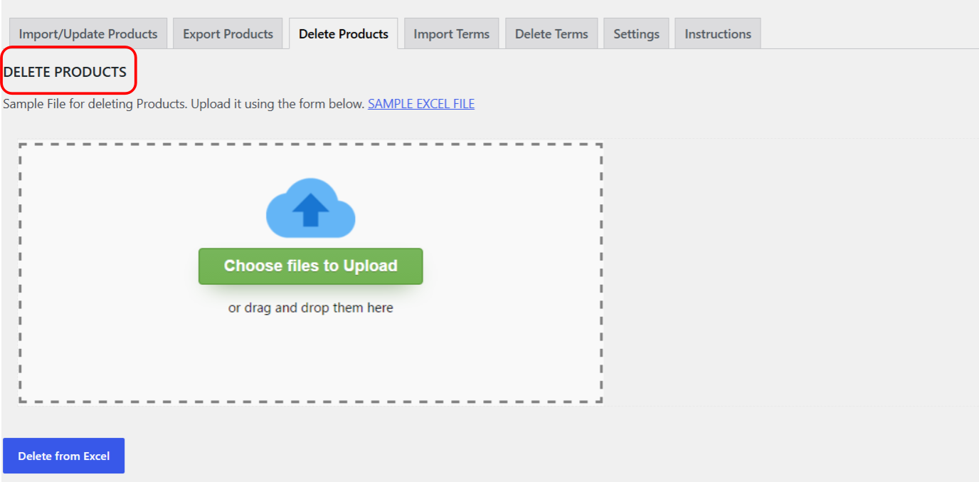 The Delete Products screen with the sample file link and upload form