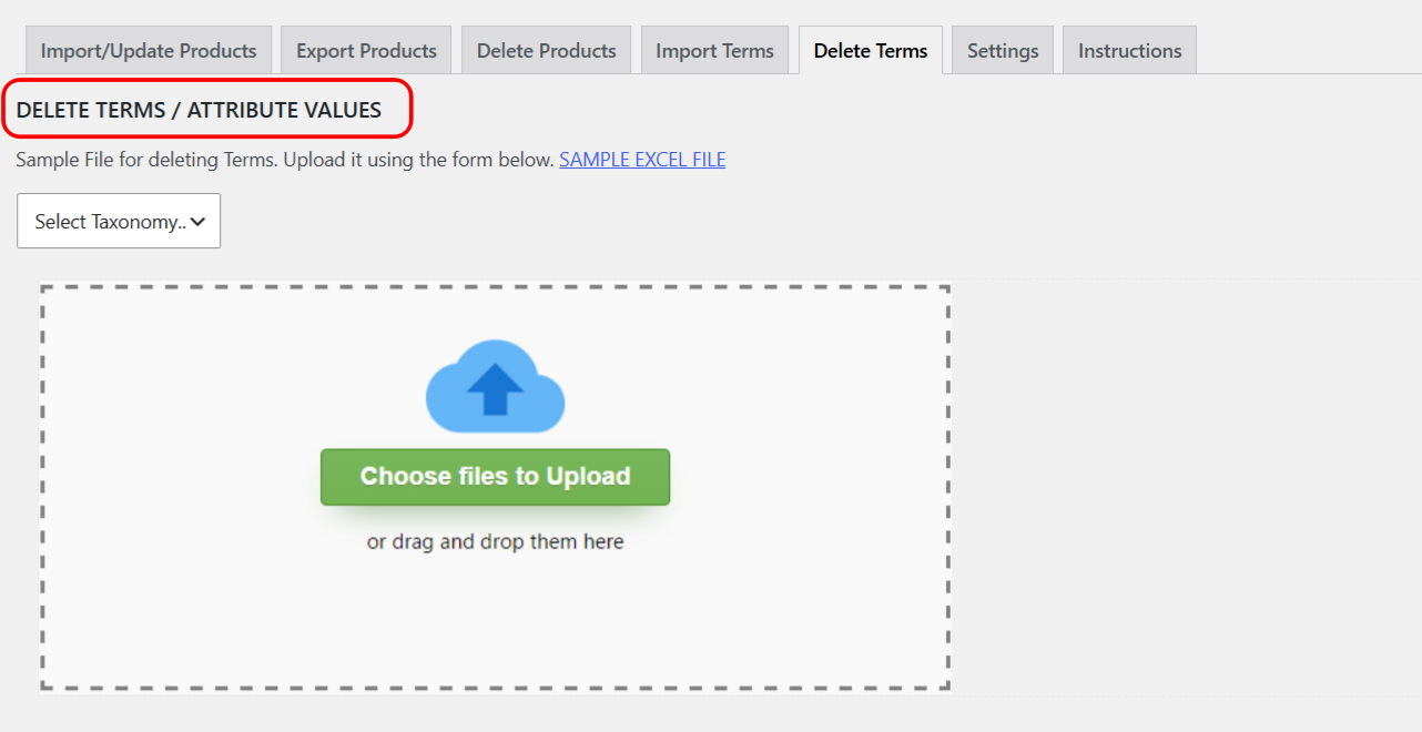 The Delete Terms screen with taxonomy selector and upload form