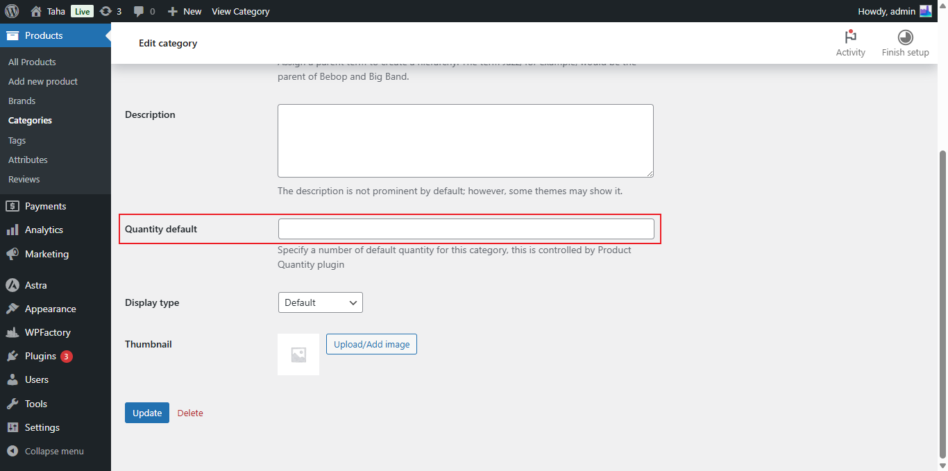Default qty category edit page