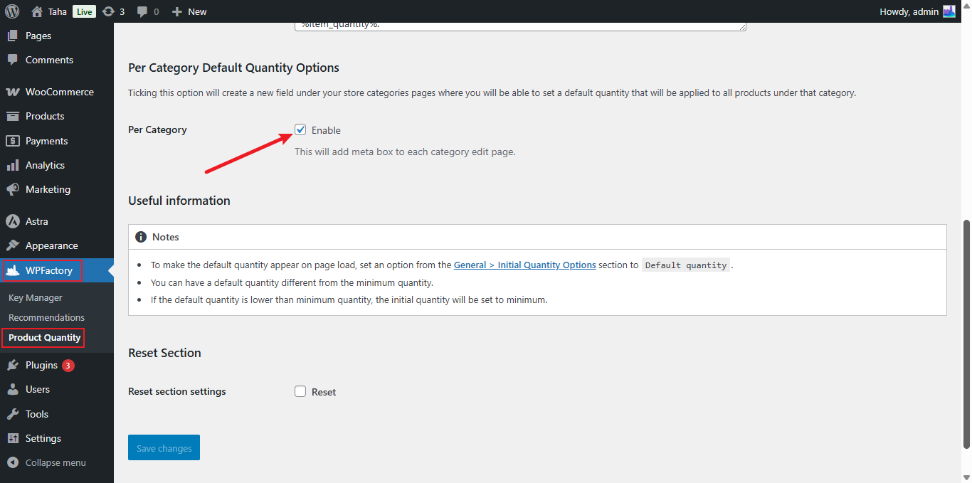 Default qty per category option
