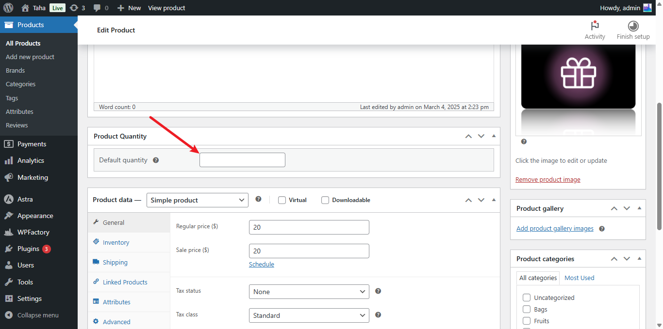 Default qty product edit page