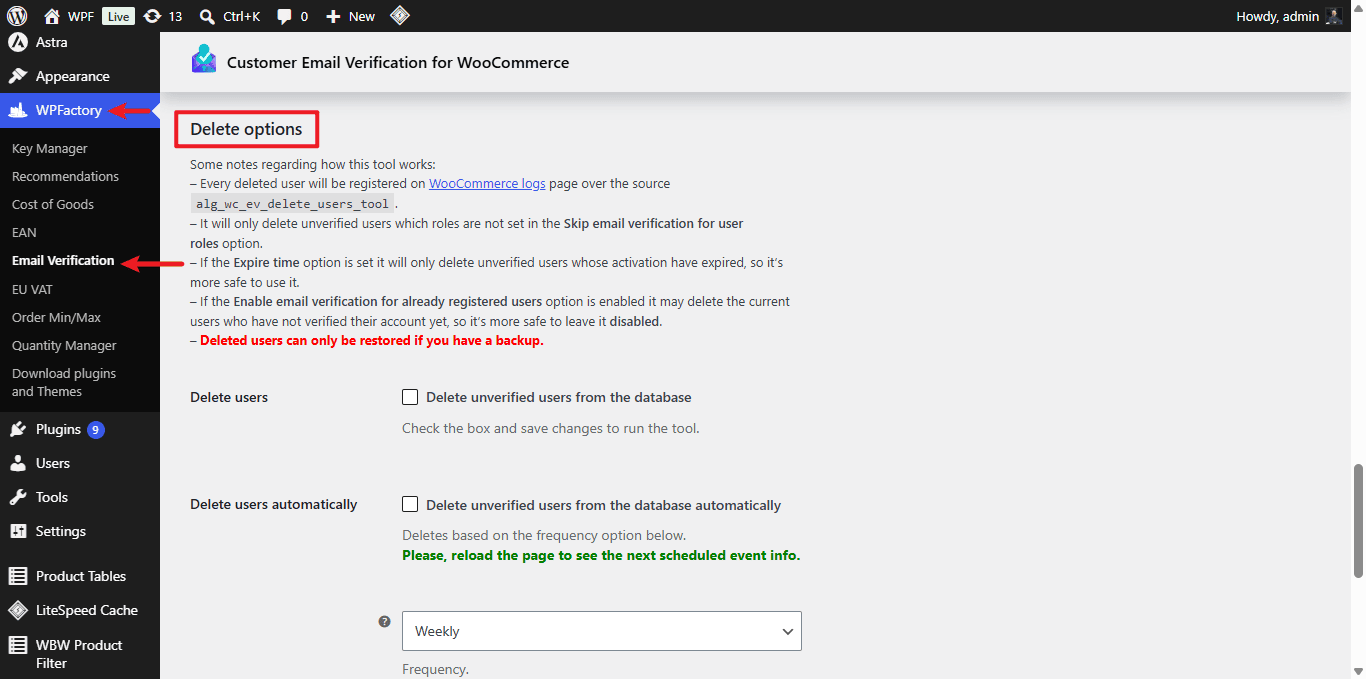 Delete options on the Customer Email Verification Advanced tab