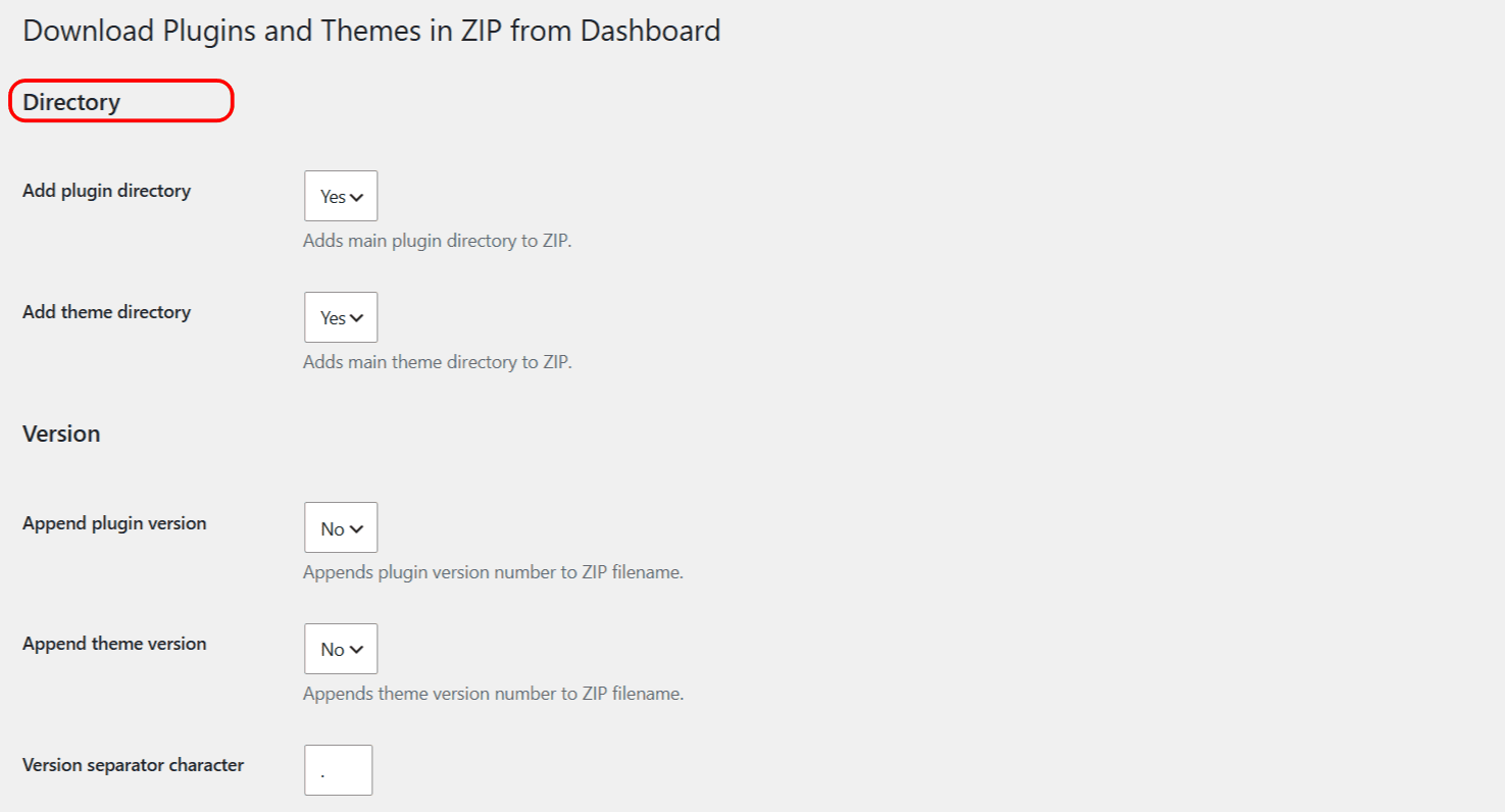 Directory and Version settings for Download Plugins and Themes