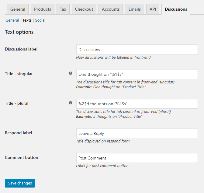 Discussions Tab for WooCommerce - Admin - Texts Section