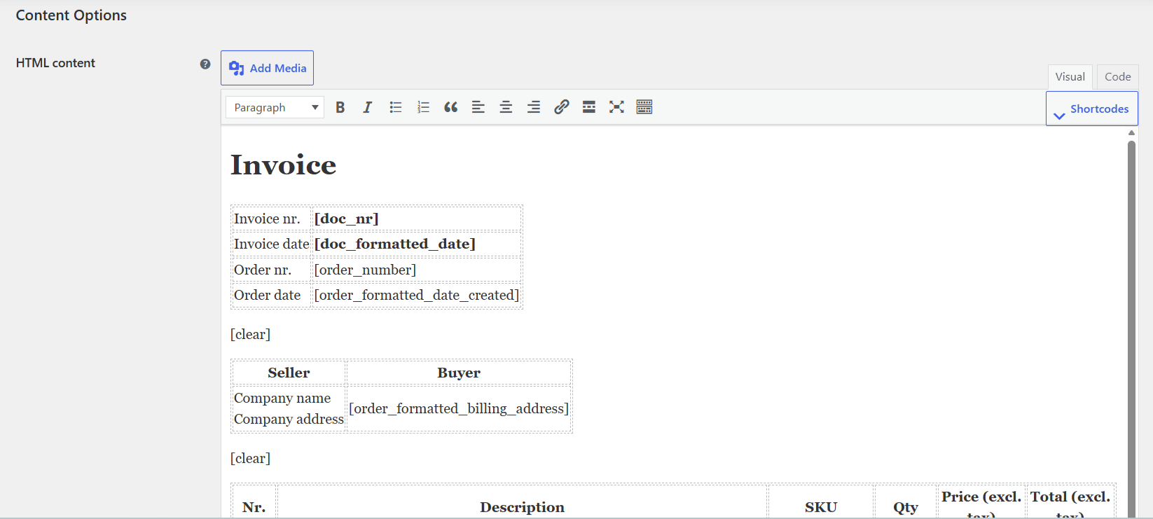 Invoice document content options