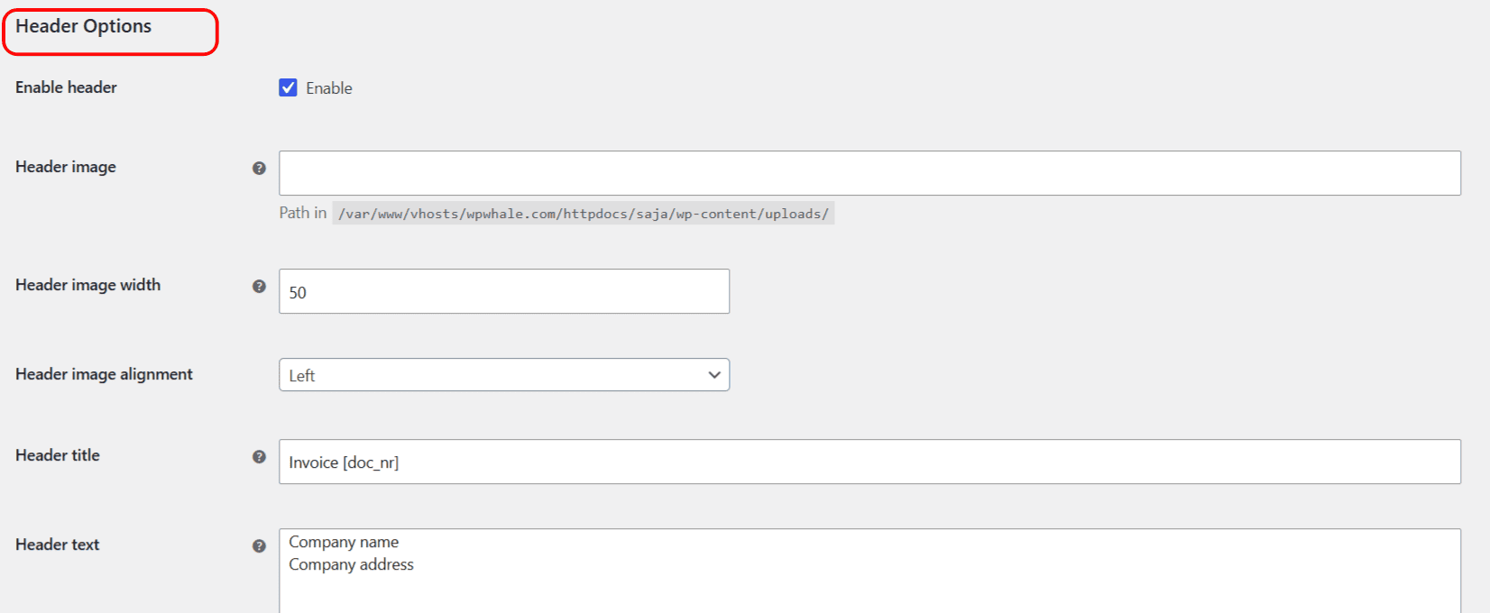 Invoice document header options