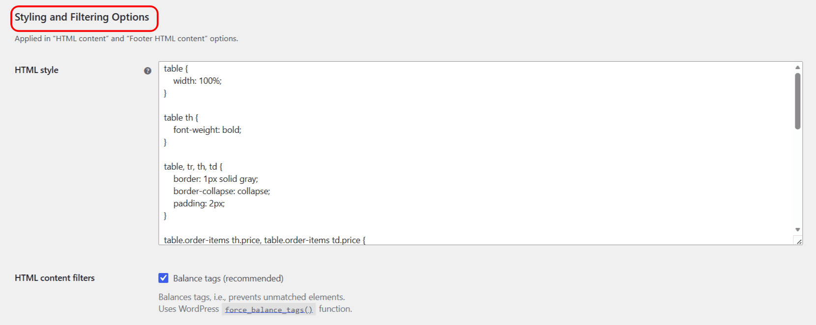 Invoice document styling and filtering options