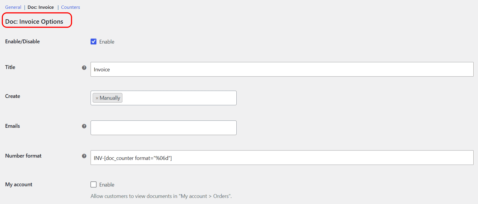 Invoice document general options