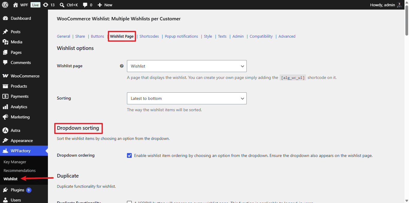 Dropdown sorting option on the Wishlist Page tab