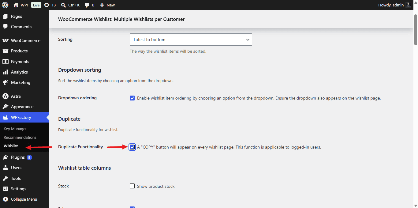 Duplicate functionality option on the Wishlist Page tab