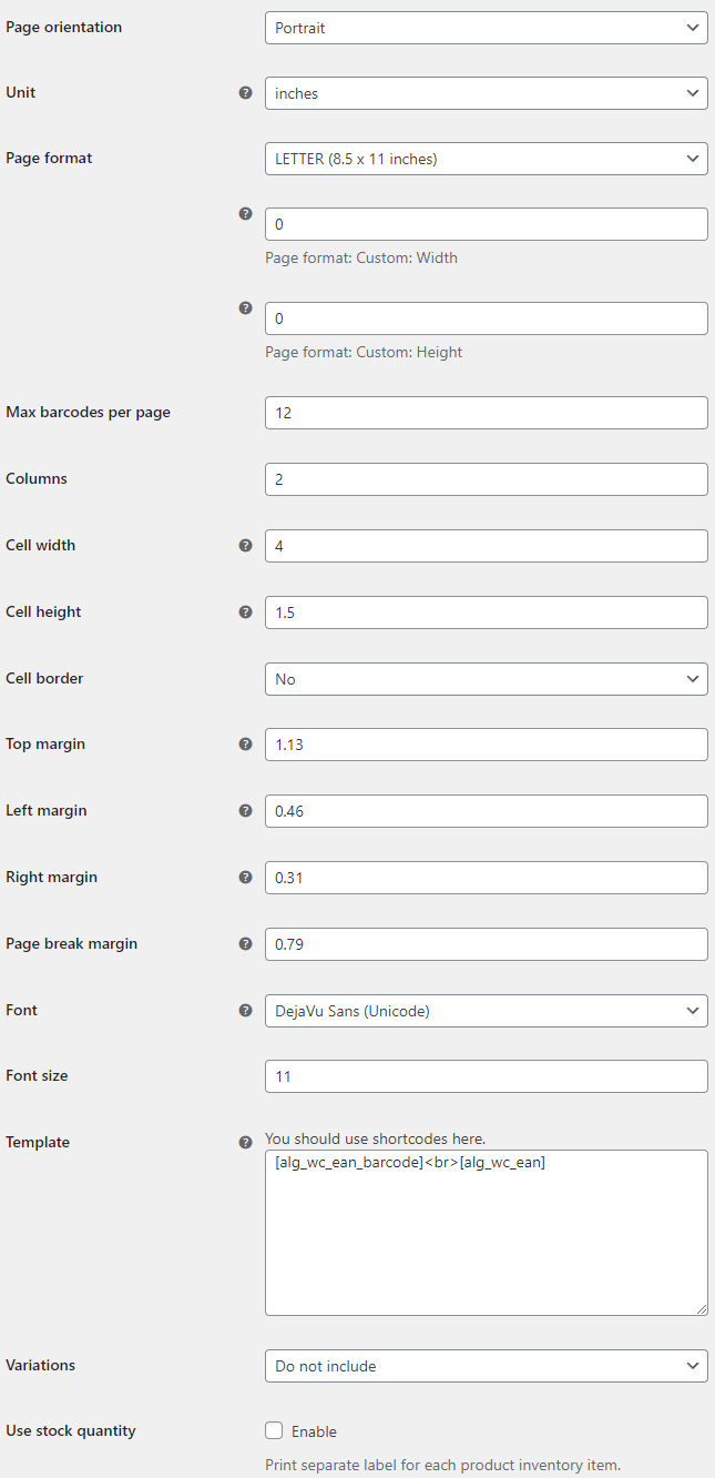 EAN and Barcodes for WooCommerce - Print - General Options