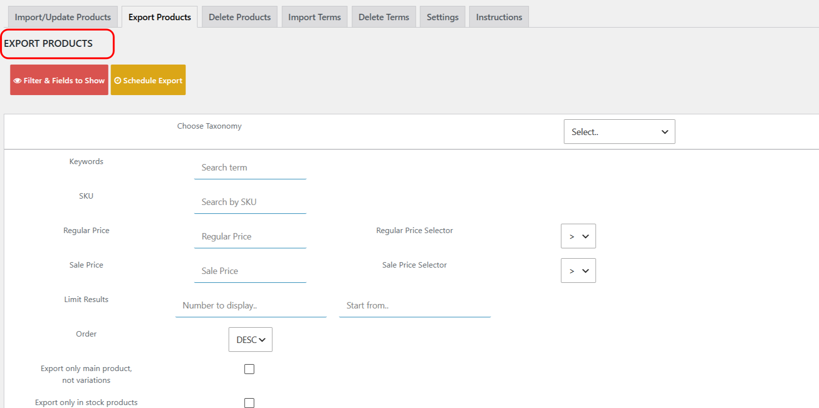 The Export Products screen with filters, taxonomies, and fields to show