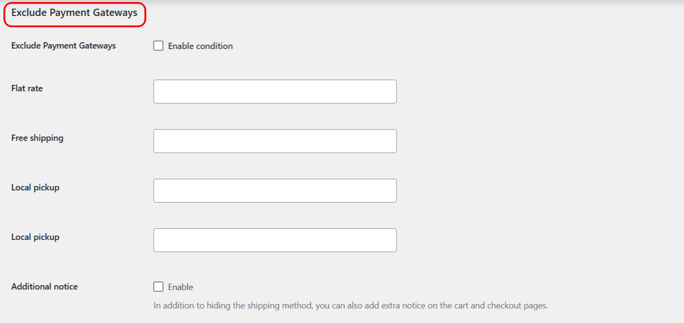 Exclude Payment Gateways condition section in Conditional Shipping settings, selecting gateways to hide methods for