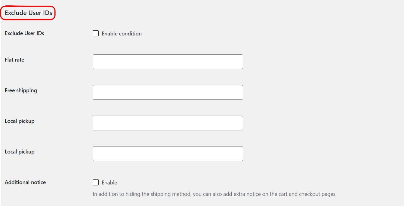 Exclude User IDs condition settings in Conditional Shipping for WooCommerce